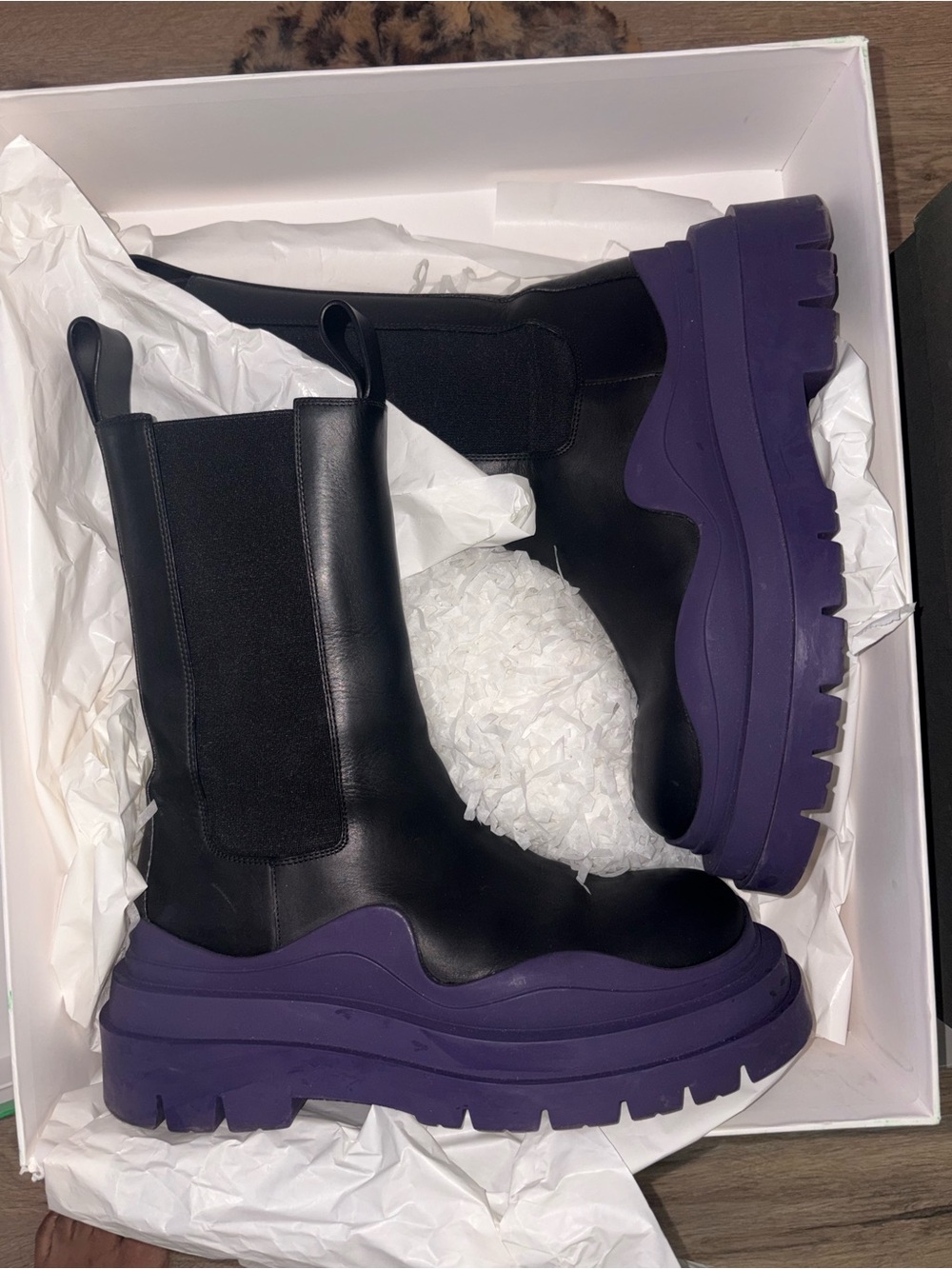 Bottega Veneta Black Tire Leather Chelsea Boots with Purple Lug Sole